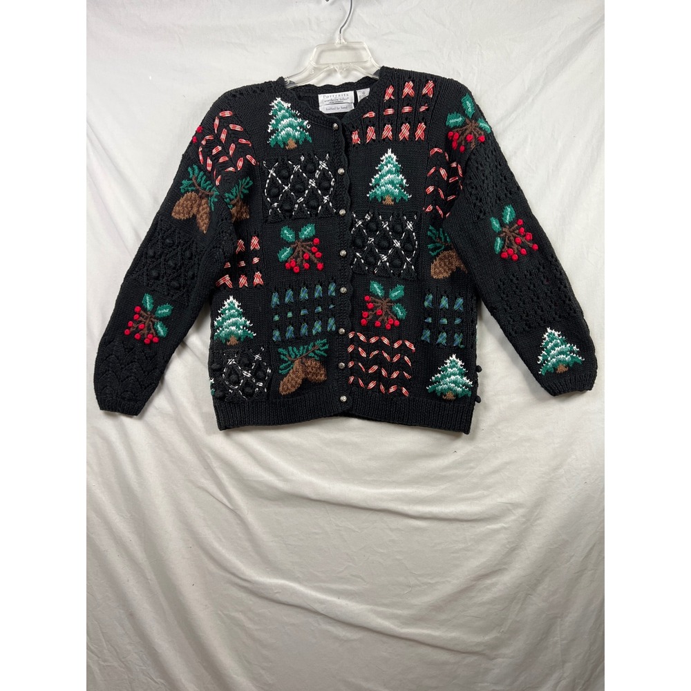 Portraits Northern Isles Cardigan Womens XL Black Christmas Hand Knit Sweater